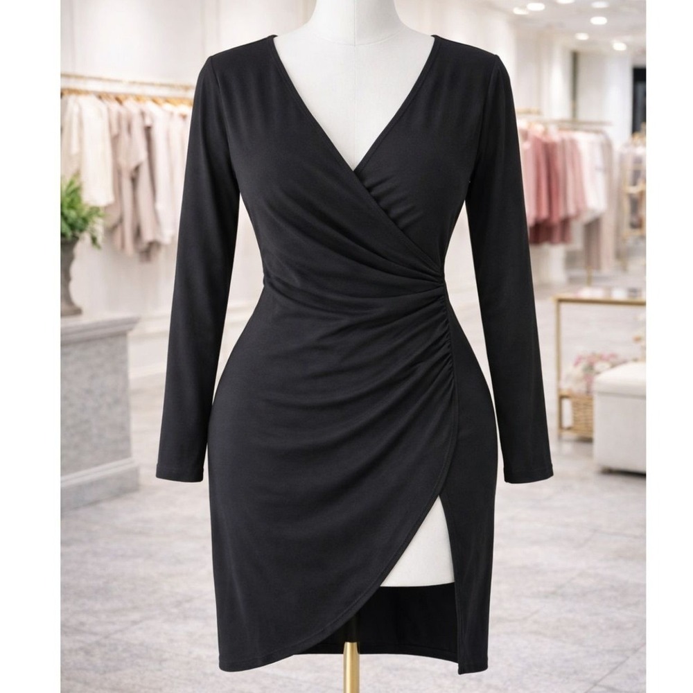 XL Black Wrap Mini Dress Long Sleeve Ruched Side Slit Stretch Bodycon NWT